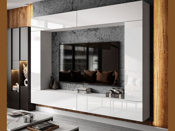 Hangend wandmeubel voor de woonkamer met LED-verlichting Nodoo Wit glans