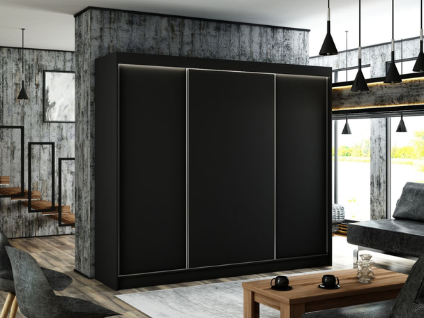 Kledingkast met schuifdeuren 250 cm met LED-verlichting Diano Zwart