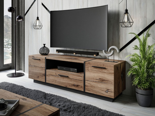Tv-meubel met deuren, lades en handgrepen Lunelie Flagstaff Eik