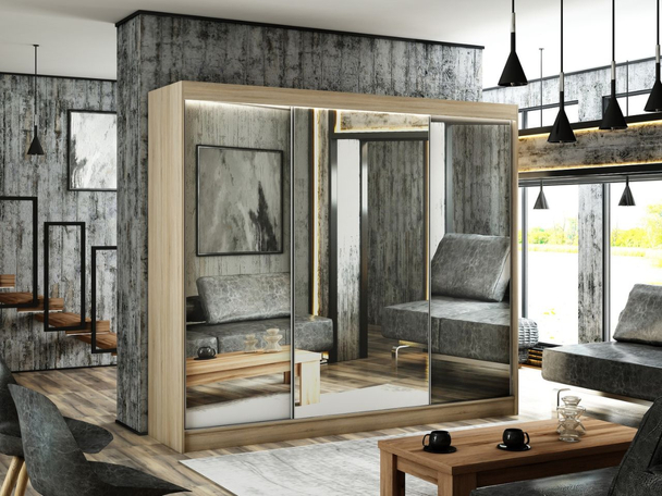 Kledingkast met schuifdeuren 250 cm mit Spiegel und LED-Beleuchtung Luzio Sonoma Eiken