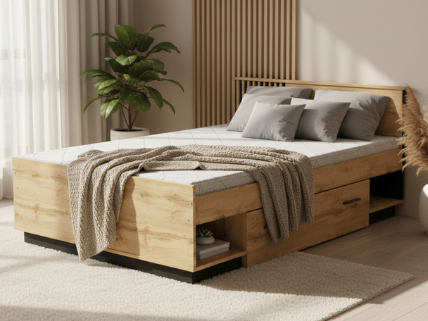 Tweepersoonsbed 120x200 met lade Lavore Eiken Wotan, Zwart