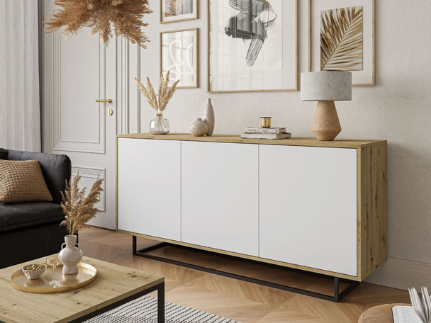 Dressoir met deuren op een metalen frame Vivance Wit, Artisan Eik