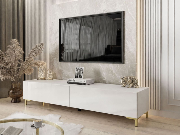 Tv-meubel met deuren op gouden poten en ledverlichting Sorelle Wit glans