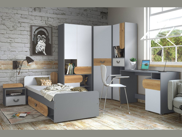 Meubelset voor tienerkamer Casa Eiken Nash, Wit, Grijs