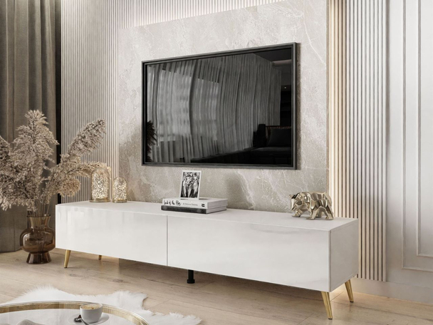 Tv-meubel met deuren op metalen poten en ledverlichting Sorelle Wit glans