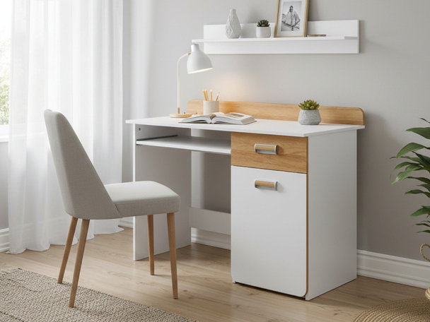Bureau met uitschuifbaar blad en lade Lindo Wit, Eiken Nash