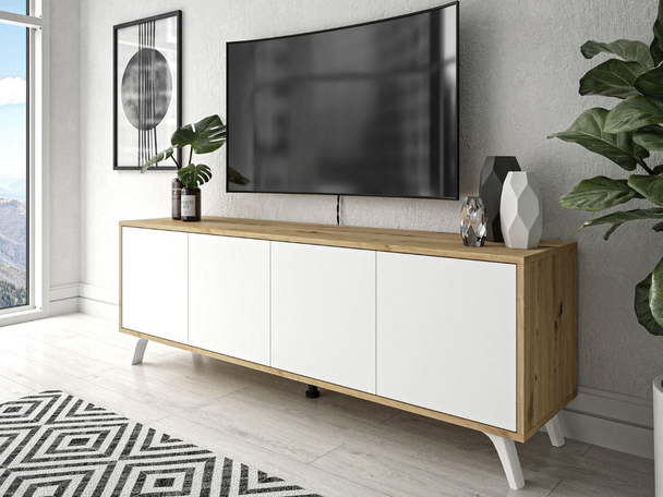 TV-Meubel met deuren op elegante poten Vivance Wit, Artisan Eik