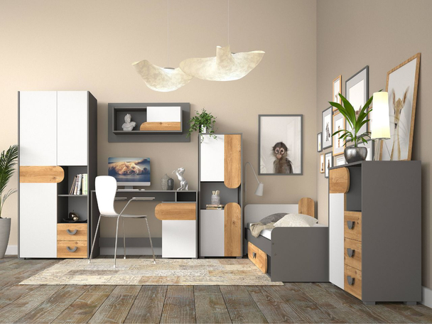 Moderne meubelset voor tienerkamer Casa Eiken Nash, Wit, Grijs