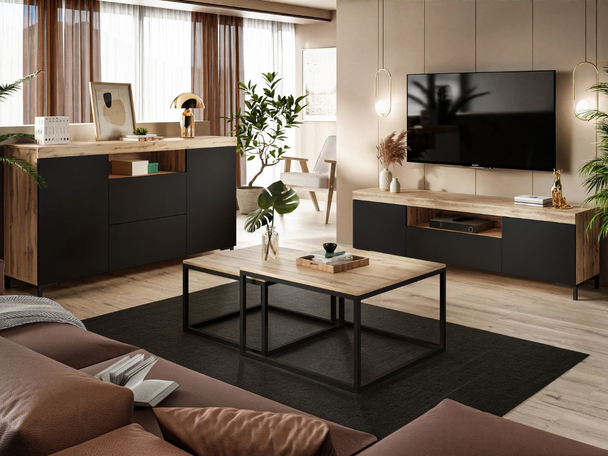 Meubelset voor de woonkamer - tv-meubel en dressoir Asumi Zwart, Wotan Eik