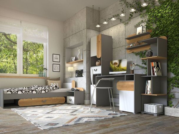 Meubelset voor tienerkamer Casa Eiken Nash, Wit, Grijs