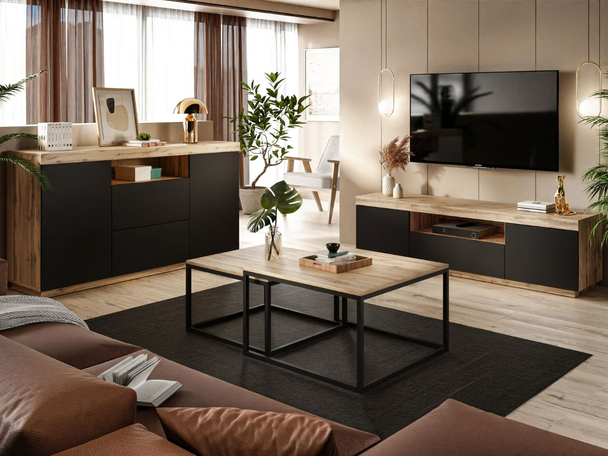 Meubelset voor de woonkamer - tv-meubel en dressoir Asumi Zwart, Wotan Eik